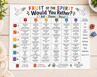 Puede incluir: Una hoja de juego blanca titulada Fruit of the Spirit Would You Rather con una cuadrícula de seis filas y seis columnas. Cada celda contiene una elección entre dos actividades. La hoja presenta iconos de dados coloridos y palomas.