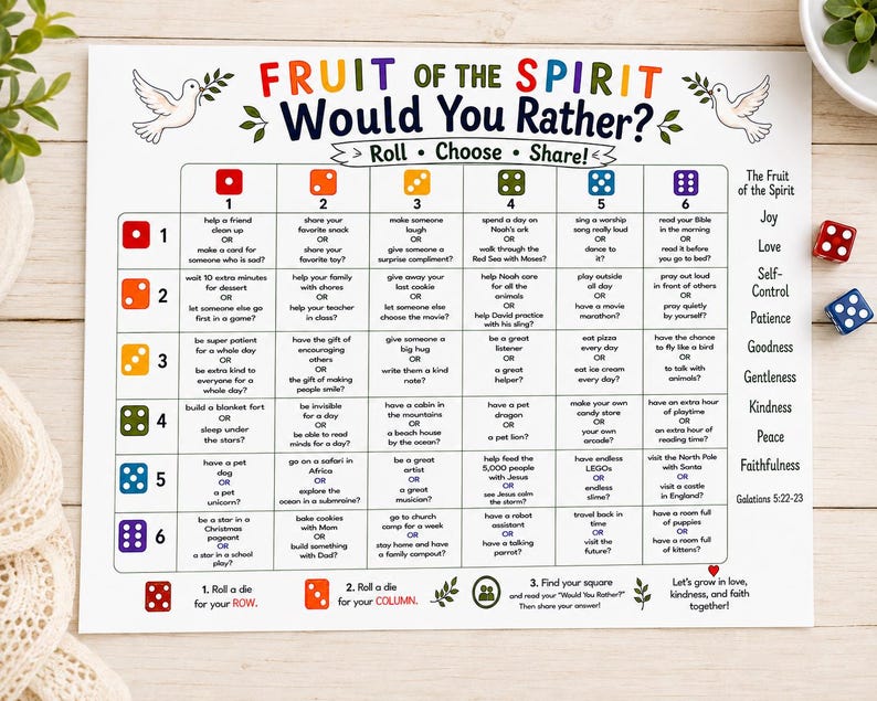 May include: A white game sheet titled Fruit of the Spirit Would You Rather with a grid of six rows and six columns. Each cell contains a choice between two activities. The sheet features colorful dice icons, dove illustrations, and text instructions.