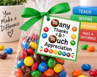 Hartelijk bedankt & veel waardering kaartje, bedankkaartje met M&M snoepjes, bedankkaartje voor personeel en leerkrachten, printbaar cadeaukaartje, direct te downloaden