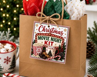 Christmas Movie Night Kit Tag Printable, Family Movie Night Gift Tag, DIY Holiday Gift Bag, Instant PDF Download