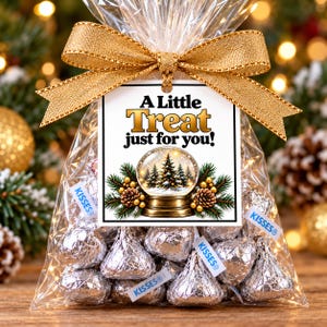 Puede incluir: Una bolsa de plástico transparente llena de chocolates envueltos en papel de aluminio plateado, atada con una cinta dorada y una etiqueta cuadrada. La etiqueta muestra el texto A Little Treat just for you! sobre una bola de nieve.