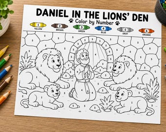 May include: A Daniel in the Lions' Den color by number activity sheet featuring a black and white line drawing of a person kneeling in prayer surrounded by four lions. The top includes a color key with numbers one through six for yellow, brown, green, blue, gray, and orange.