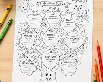 May include: A black and white coloring page titled The Fruit of the Spirit Galatians 5:22-23. It features a tree with various fruits labeled with virtues like Love, Joy, Peace, Patience, Kindness, Goodness, Faithfulness, Gentleness, and Self-Control.
