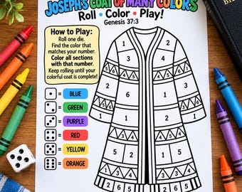 May include: A printable activity sheet titled Joseph's Coat of Many Colors Roll Color Play featuring a line art drawing of a coat divided into numbered sections, a color-coded key for a six-sided die, and instructions for a coloring game.