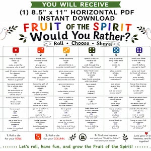May include: A Fruit of the Spirit Would You Rather game sheet measuring 8.5 by 11 inches. The grid features dice icons for rows and columns, with various prompts in each square. Two white doves with olive branches flank the title text.