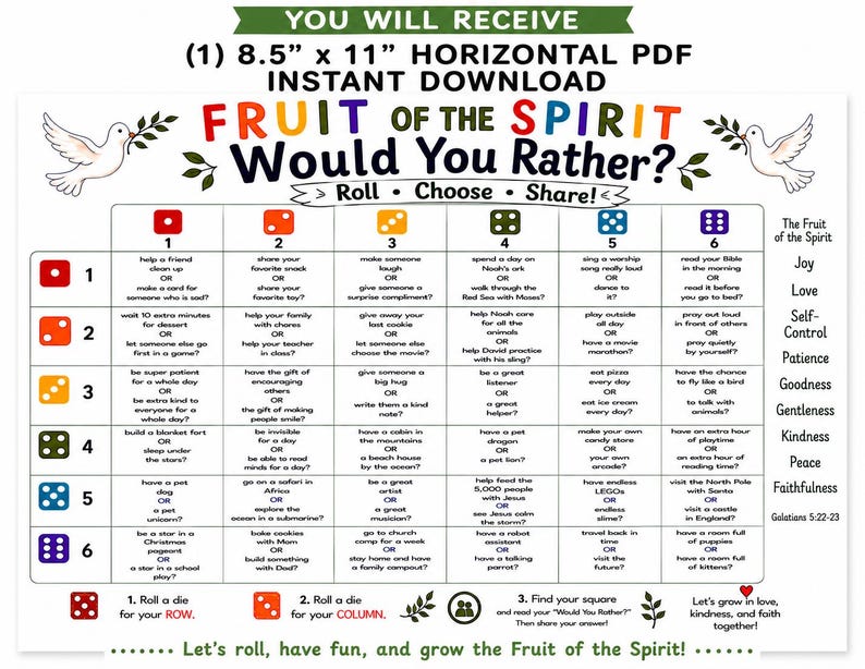 May include: A Fruit of the Spirit Would You Rather game sheet measuring 8.5 by 11 inches. The grid features dice icons for rows and columns, with various prompts in each square. Two white doves with olive branches flank the title text.