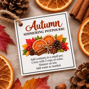 以下が含まれることがあります： ジュート紐が付いた正方形の白いタグ。Autumn SIMMERING POTPOURRIという文字と、小さな鍋に中身を入れ、2カップの水を加えて弱火で煮込み、必要に応じて水を足すという手順が記載されており、オレンジのスライスや松ぼっくりのイラストが描かれています。