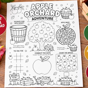 Peut inclure: Une feuille d'activités blanche intitulée Apple Orchard Adventure avec des illustrations au trait noir comprenant un pommier, un labyrinthe, un morpion, des points à relier et des exercices de comptage. La page inclut divers graphismes sur le thème des pommes.