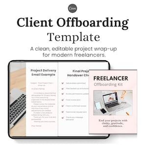 Plantilla de Canva para el kit de salida de clientes / Paquete de despedida de clientes, lista de verificación de entrega de proyectos, formulario de comentarios y guía de referencias para autónomos.