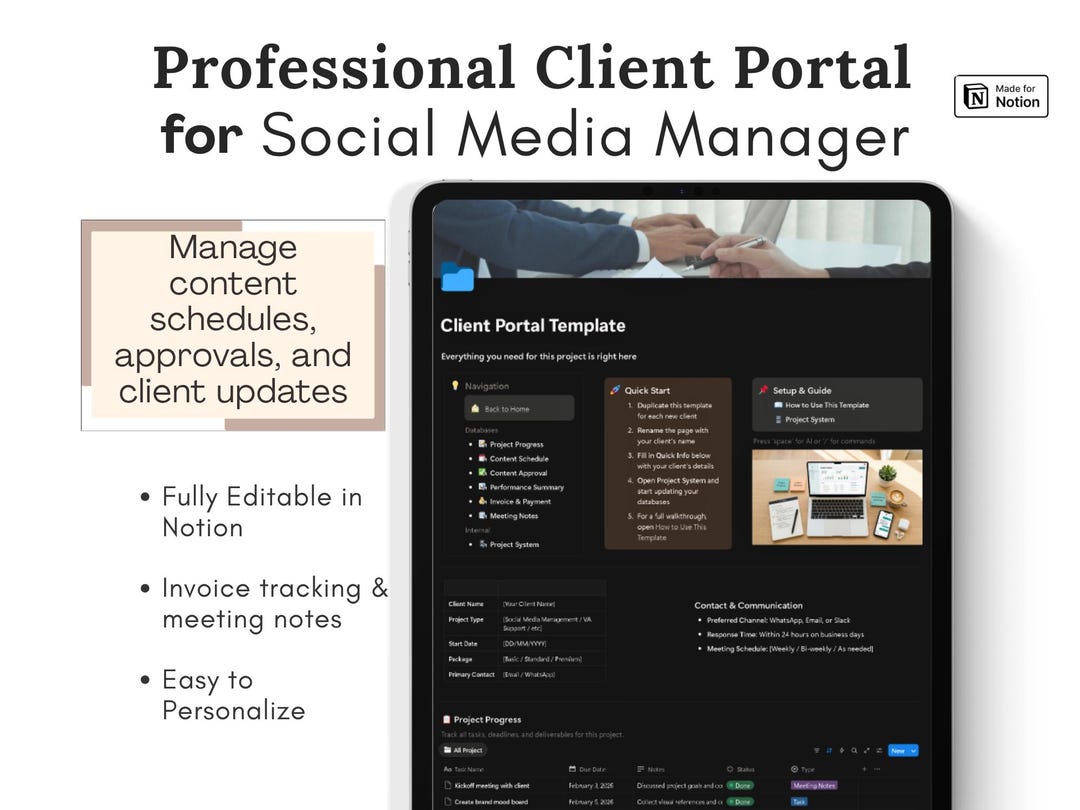 Notion Client Portal Template for Social Media Managers, Content ...