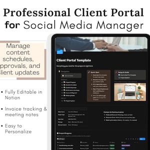 Puede incluir: Una tableta digital muestra una plantilla de "Portal de Cliente Profesional" para gestores de redes sociales. La pantalla muestra una interfaz oscura con herramientas de gestión de proyectos, incluyendo calendarios de contenido y seguimiento de facturas. El texto a la izquierda destaca características como la fácil personalización.