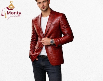 Giacca da uomo in pelle stampata coccodrillo rossa, vestibilità slim, stile blazer da stilista, su misura, per feste e club, moda di lusso
