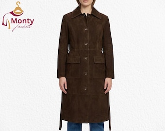 Women’s Dark Brown Suede Leather Coat, Soft Premium Outerwear, Vintage Long Coat, Handcrafted Winter Essential