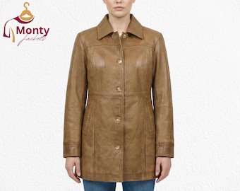 Women’s Camel Brown Real Leather Coat, Premium Soft Outerwear, Handcrafted Vintage Style, Winter Essential
