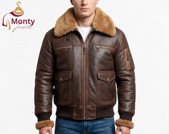 Chaqueta de aviador de piel de oveja con cuello de piel para hombre, estilo bomber vintage artesanal, estilo esencial de invierno.