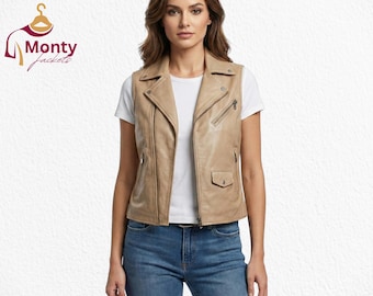 Gilet da motociclista in pelle marrone chiaro slim fit da donna, gilet da motociclista asimmetrico beige, pelle nappa pieno fiore, moda streetwear, regalo di compleanno per lei