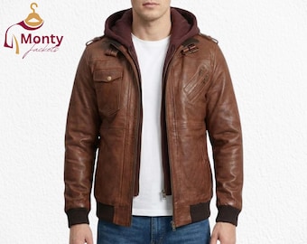 Chaqueta bomber de cuero marrón con capucha para hombre, un básico elegante para el invierno con un estilo urbano premium y artesanal.