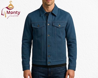 Tealblauw denim truckerjack heren klassiek slim-fit western casual streetwearjack met knopen vintagestijl