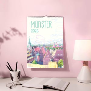 Münster Kalender 2026 | 12-maandskalender | Wandkalender | DIN A4 | Handgemaakte illustraties | Kunstkalender