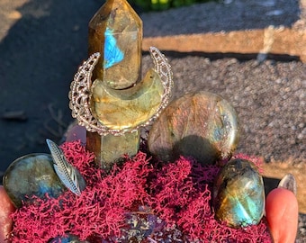 May include: A display of crystals and stones, including a silver crescent moon pendant and a feather charm. The arrangement is set on a bed of red moss within a small wooden bowl. The crystals have iridescent blue and green hues.