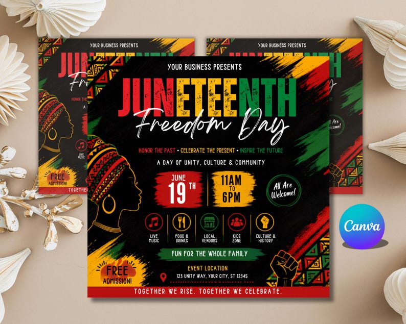 Juneteenth-flyermall, blockfest, evenemang, leverantörer, marknad, sommarfestival, redigerbar design, utskrivbar kampanj, direktnedladdning bild 8