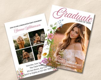 de faire-part de remise de diplôme floral | carte photo senior fille de la classe 2026 | Bohème, fleurs sauvages, promotion 2026, invitation à une soirée de remise des diplômes