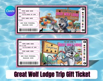 Presentbiljett till Great Wolf Lodge-resa – Överraskningstur till temaparkslodge och semesteravslöjande till vattenpark, redigerbar Canva-mall