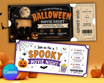 Halloween-Kinoabend-Ticket: Bearbeitbare Canva-Vorlage, Gruselfilm-Ticketgutschein zum Ausdrucken, Überraschungs-Einladung zum Halloween-Kino
