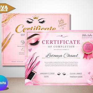 May include: A pink certificate of completion template for lash extensions featuring gold accents, illustrations of closed eyes with long lashes, tweezers, a mascara wand, and a pink seal with the text ADD LOGO HERE. The text includes CERTIFICATE OF COMPLETION.