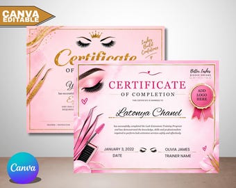 Vorlage für ein bearbeitbares Zertifikat über die erfolgreiche Teilnahme an einer Wimpernverlängerungs-Schulung, ein Zertifikat für Wimpernverlängerungskurse und eine Auszeichnung für Make-up-Artists