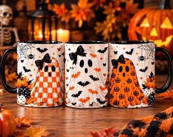 Niedliches Halloween-Geister-Trio-Tassenetikett (PNG), verspieltes Halloween, Gruselsaison, Herbst-Shirt-Design, Boutique-Herbst, Canva-Designdatei (PNGs)!
