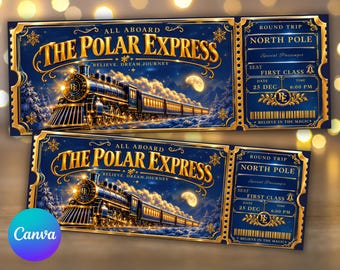 Personalisierte Polar Express-Eintrittskarte | Eintrittskarte für Weihnachtsveranstaltungen, Vorlage für eine Weihnachtsfeier, bearbeitbarer Canva-Pass für Winterfeste