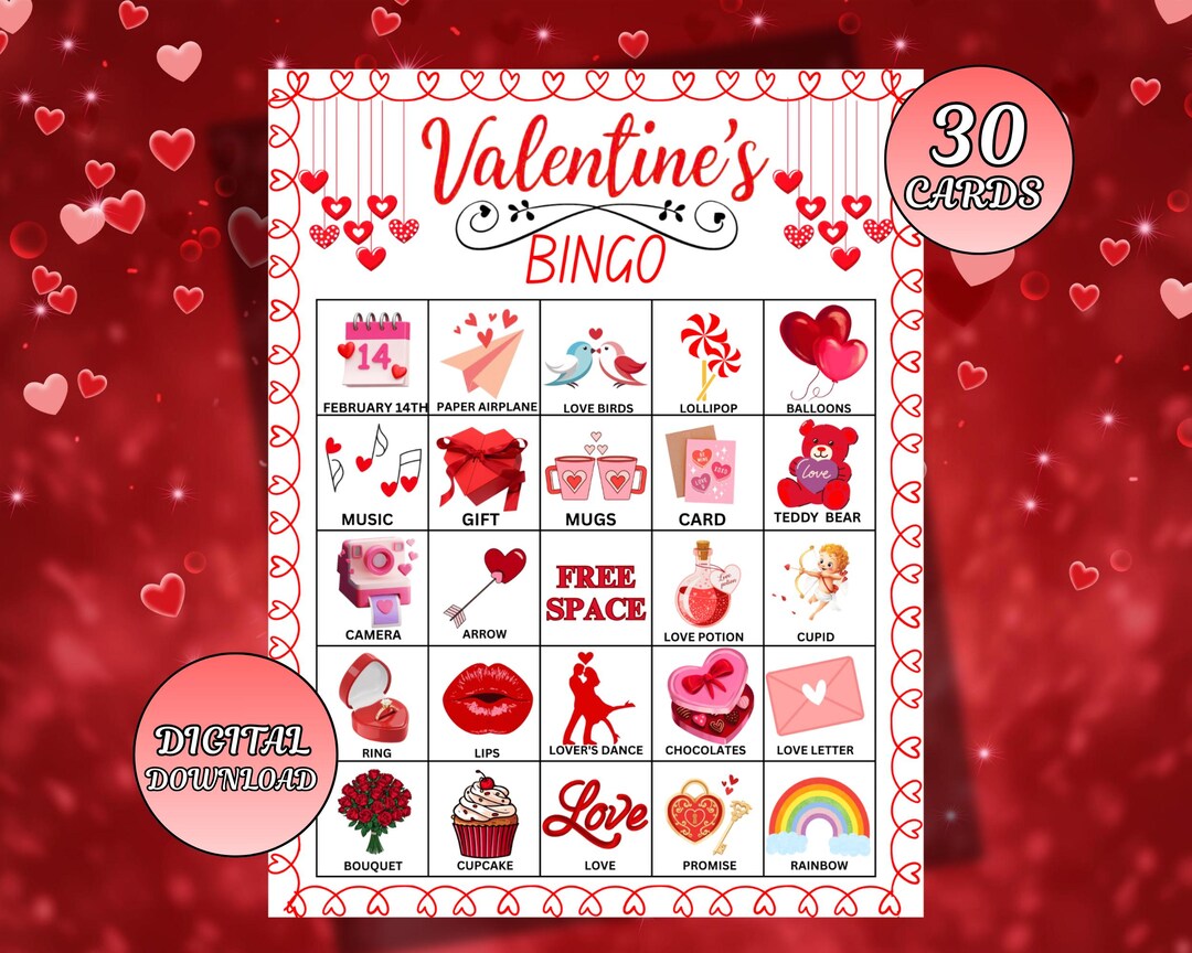 Valentine's Day Bingo Printable Cards | Kids Party Game Digital ...