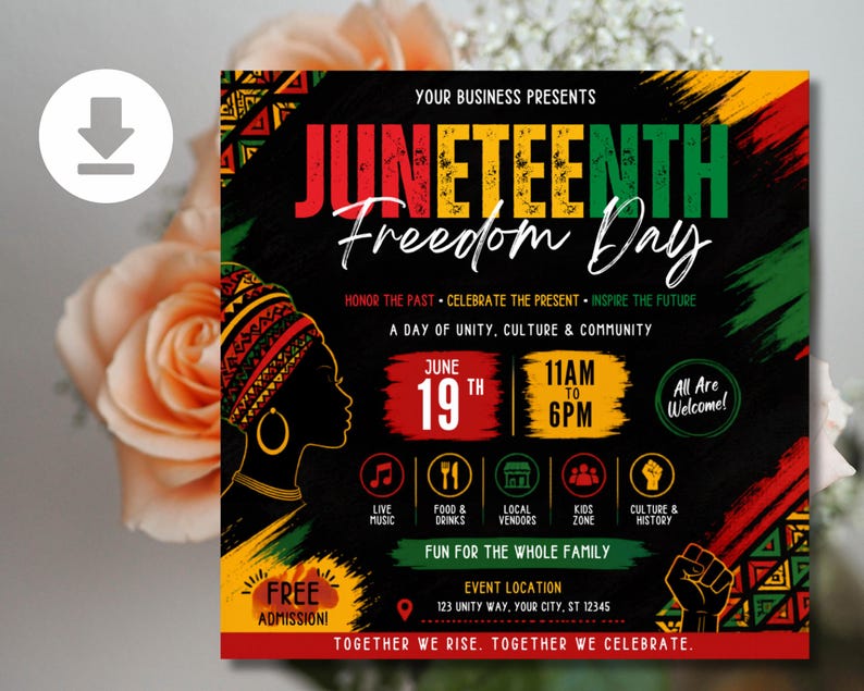 Juneteenth-flyermall, blockfest, evenemang, leverantörer, marknad, sommarfestival, redigerbar design, utskrivbar kampanj, direktnedladdning bild 12
