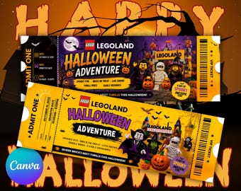 Bearbeitbare Legoland Halloween-Abenteuerkarte, bearbeitbare und druckbare Vorlage für einen Halloween-Überraschungsgeschenkgutschein für einen Themenpark