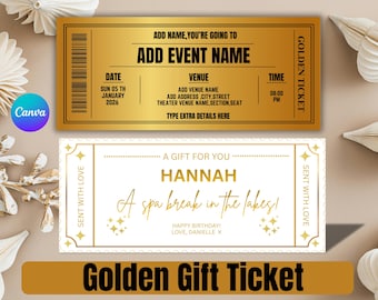 Entrada dorada personalizada para evento/Vale regalo imprimible (editable en Canva)