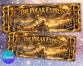 Personalisierte Polar Express-Eintrittskarte | Weihnachtsticket, Vorlage für ein Winterwunderland-Event, bearbeitbarer Canva-Partypass als Erinnerungsstück