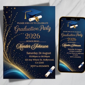 May include: A graduation party invitation and a smartphone displaying the same design. The invitation is navy blue with gold accents, featuring a graduation cap, scroll, and the text "Graduation Party 2025" honoring Xander Johnson. The smartphone shows the same design.