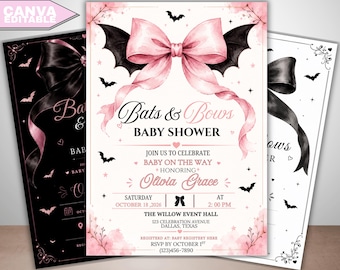 Vleermuizen en strikken uitnodigingsbundel babyshower, gotische zwarte strikuitnodiging, bewerkbare canvassjabloon, 3 ontwerpsets