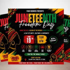 Puede incluir: Folletos del Día de la Libertad del Juneteenth con fondo negro y texto en verde, amarillo y rojo. Los folletos incluyen siluetas de personas, detalles del evento y la frase "Fun for the Whole Family."