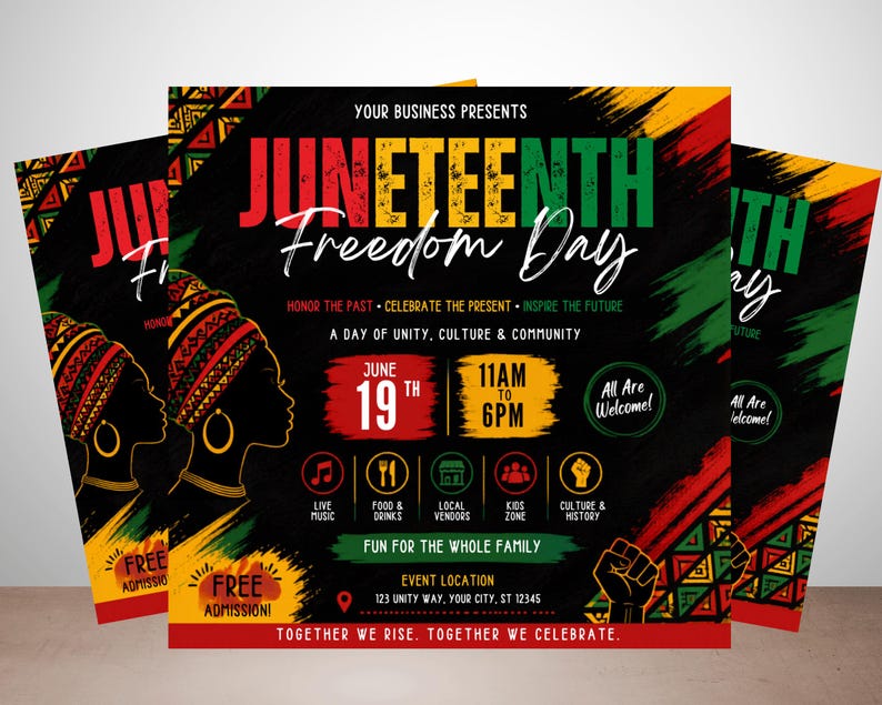 Juneteenth-flyermall, blockfest, evenemang, leverantörer, marknad, sommarfestival, redigerbar design, utskrivbar kampanj, direktnedladdning bild 1
