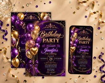 Geburtstagseinladung in Lila und Gold, bearbeitbare digitale Einladung, glamouröse Partyeinladung, für jedes Alter, digitale Vorlage zum Herunterladen