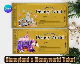 Disneyworld and Disneyland Surprise Ticket – Editable Printable Gift, Custom Vintage Disney Trip Announcement,Canva Editable template