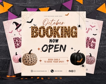 Buchungsflyer für Oktober: Moderne Halloween-Friseurtermine (Canva-Vorlage), jetzt buchen für Schönheitssalons (Wimpern-Make-up, Nageldesign, digitaler Download)
