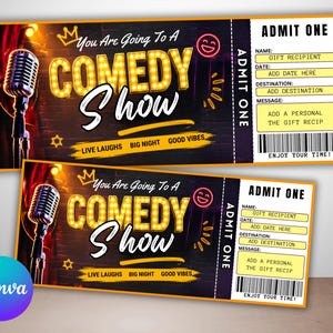 May include: Two comedy show tickets with a vintage microphone graphic. The tickets have the text "You Are Going To A Comedy Show" in yellow marquee-style letters. The tickets also have space to add a gift recipient, date, destination, and message.