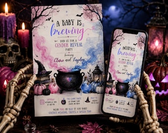 Einladung zur Geschlechtsenthüllung an Halloween, Junge oder Mädchen, Babyparty-Einladung „Ein Baby ist unterwegs“, Halloween-Party für Jungen oder Mädchen, bearbeitbare Canva-Vorlage