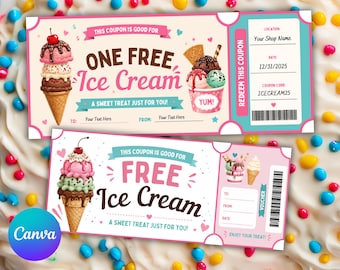Bearbeitbarer Eiscreme-Coupon Druckbarer Gutschein Geschenkgutschein Geburtstagsfeier-Leckerl-Token Imbisswagen-Überraschung Bearbeitbare Vorlage