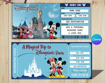 Boardingkortsbiljett till Disneyland Paris – Utskrivbar, anpassad Disney-biljett – Resekort som magiskt minne – Direkt nedladdning, redigerbar på canvas