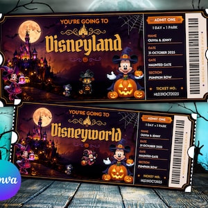 Halloween Disneyland and Disneyworld Ticket Editable Printable Halloween Keepsake Customizable Souvenir Invitation Pass Memory Gift