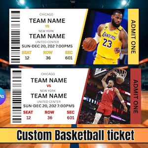 May include: Two basketball game tickets with images of players and the text "CHICAGO TEAM NAME vs NEW YORK TEAM NAME". The tickets include game details: United Center, Sun-Dec 20, 202 7:00PM5, Seat 12, Row 36, Sec 601. The bottom ticket reads "Custom Basketball ticket".